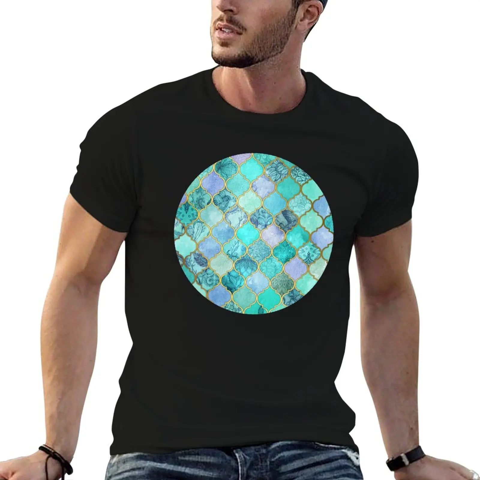 Camiseta con diseño de azulejos marroquíes decorativos Cool Jade & Icy Mint, camiseta para hombre, camisetas divertidas de diseñador, camiseta para hombre