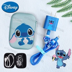 Disney Stitch Anime Winder Set Illustration with Storage Box Kawaii Charger Usb Sticker for Phone Data Cable Protective Casee