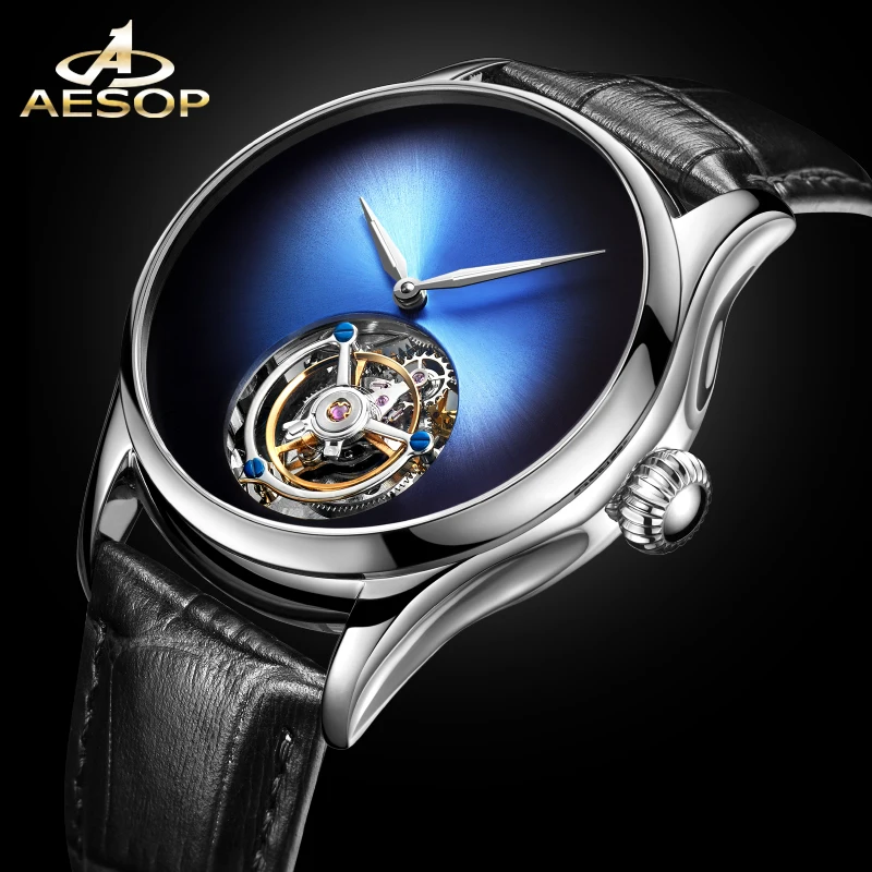 AESOP Tourbillon Mechanical Men\'s Watch Simple Advanced Leisure Business Waterproof with Double sided Gemstone Glass Watch