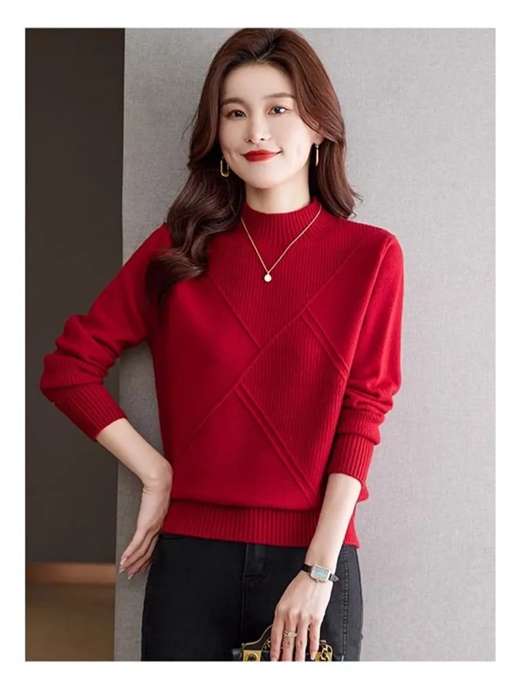 Atasan Jumper rajut wanita, atasan Jumper tarik wanita Bottoming lengan panjang Vintage wanita, Sweater rajut setengah Turtleneck, Pullover musim gugur, musim dingin, baru, 2024