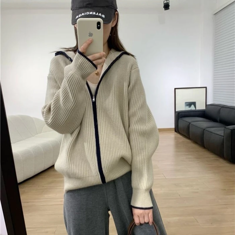 Zipper Sweater Cardigan Women Stand-Up Collar Loose Solid Knit Sweater Jacket Female Tops Spring and Autumn  Fashion Coat