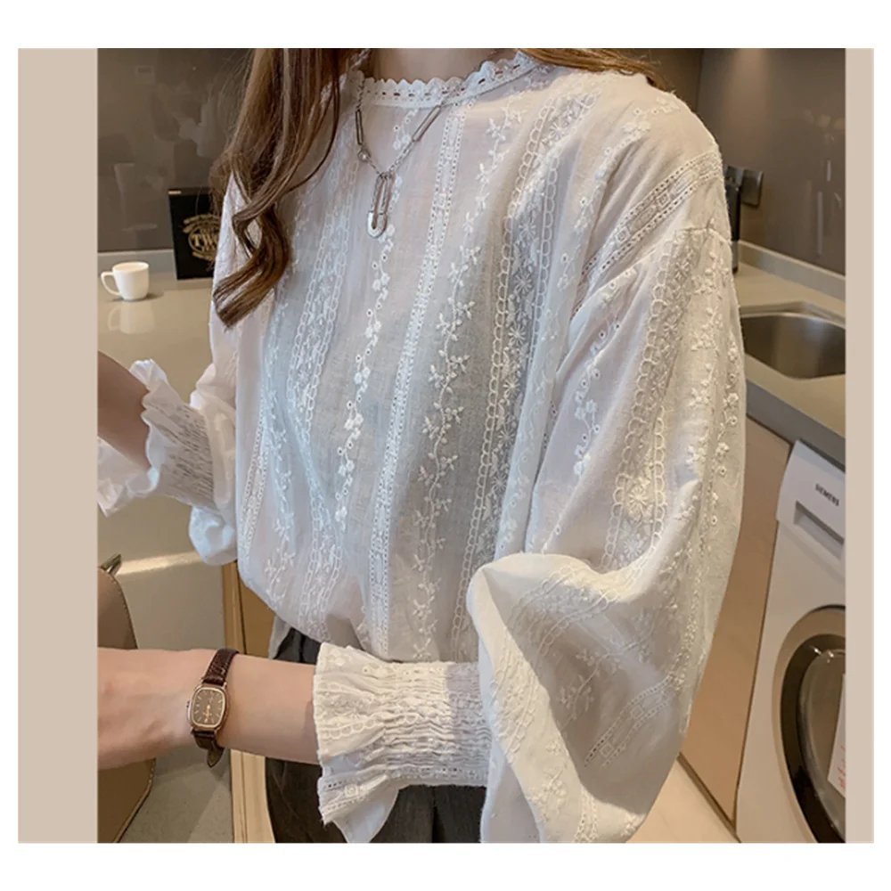 Womens White Tops Blouses 2022 Cotton Linen Blouse Button Solid Stand Collar Ladies Lace Tops Women Ruffle Shirt Blusas Feminine