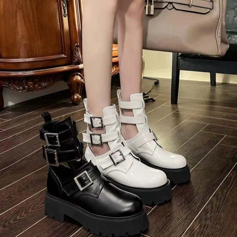 New Women's Platform Shoes 2024 Fashion Hallow Breathable Ankle Boots for Women Increased Ladies Motorcycle Boots Female Sandals