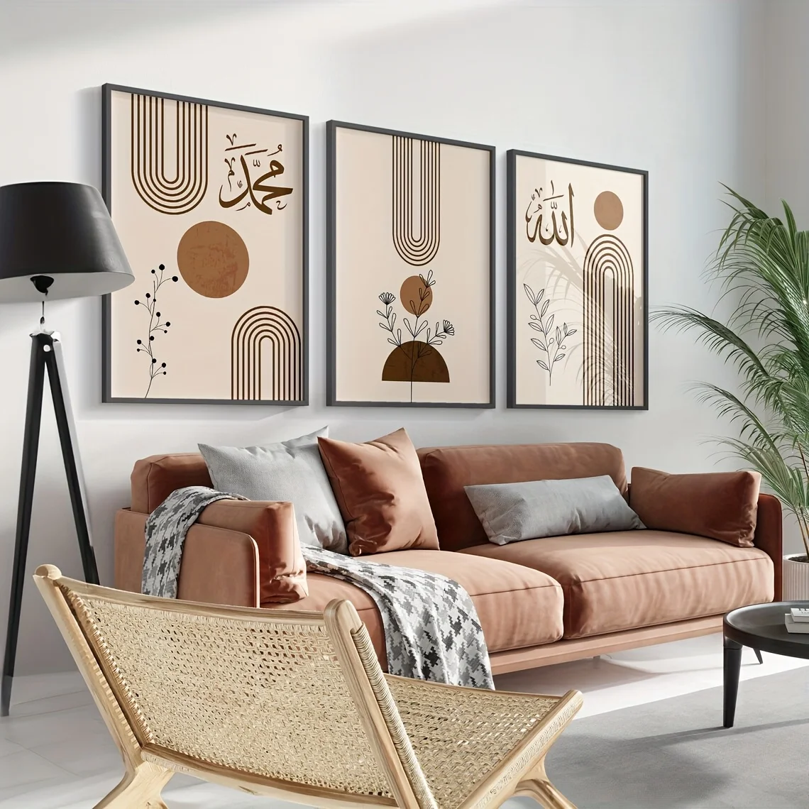 3 قطع ملصق إسلامي على الطراز البوهيمي يزين بالخط العربي الذهبي وأنماط الأزهار