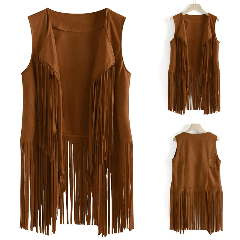 

Women's Vintage Tassels Tops 70s Hippie Costume Cowgirl Fringe Vest Tank Short Sleeve Jacket Outfits