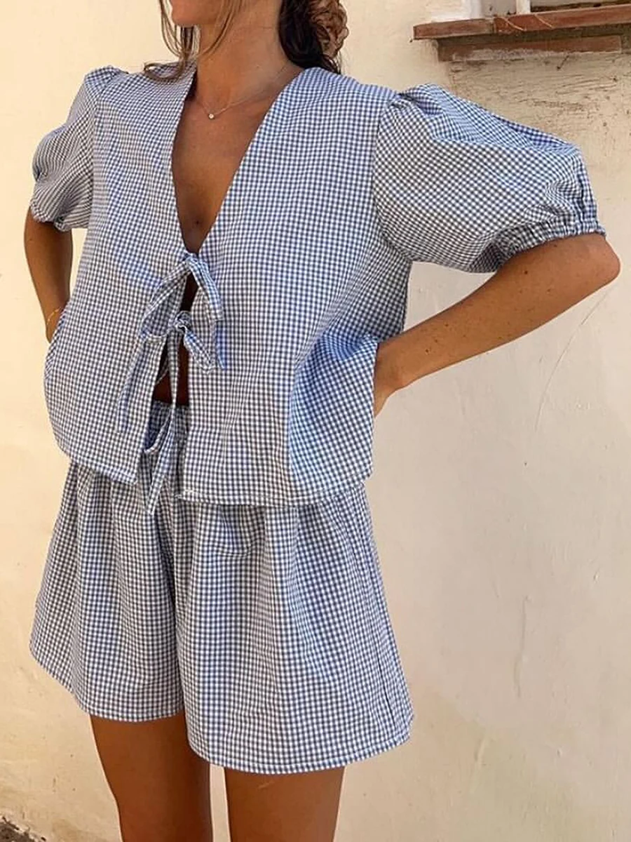 

New Fashion Womens Plaid Outfit Loose V Neck Puff Sleeve Front Tie-Up Tops Elastic Waist Shorts 2 Piece Summer Set S-XL