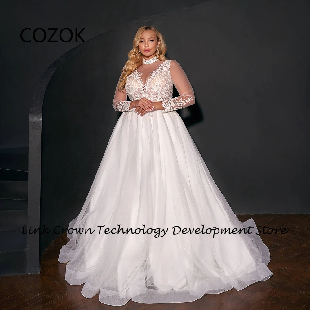 COZOK Plus Size Wedding Dresses for Women A Line Full Sleeve Bridal Gowns with Lace 2024 Summer New Button Back Vestidos De