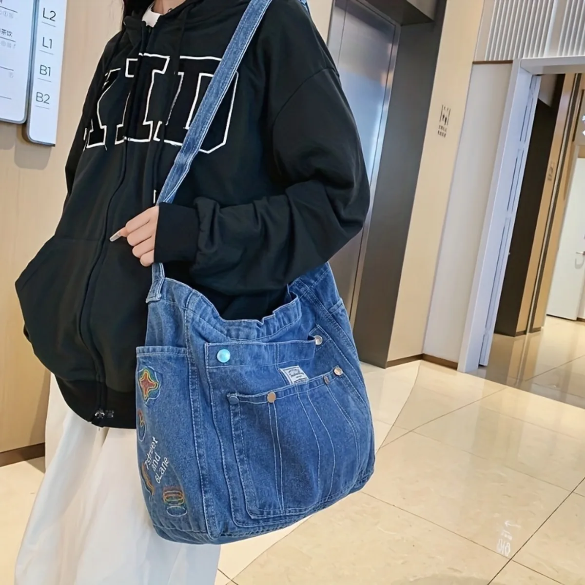 Fashion Denim Crossbody Bag Multifunction Shoulder Bags Multiple Pocket Messenger Bag For Outdoor Travel Daily Commute