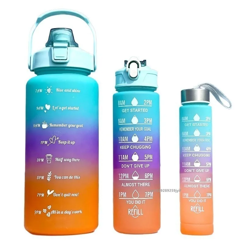 Botella de agua deportiva de estilo esmerilado, 3 uds., con pajita y marcador de tiempo, gran capacidad, Ideal para acampar al aire libre, taza de agua