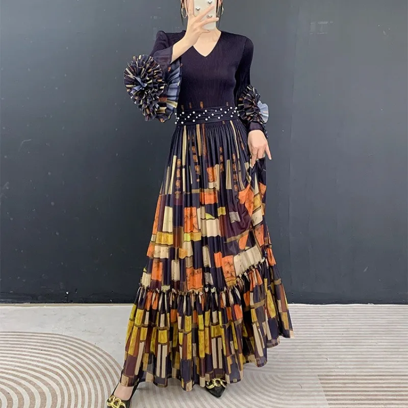 

Плиссированные платья Miyake 2026: Новая модная коллекция для ЕС и США, длинное платье с принтом и широким подолом, большие размеры, элегантное вечернее платье для женщин