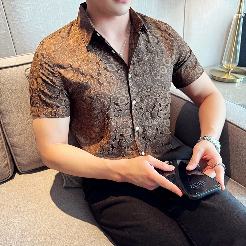 Summer Short Sleeve Shirts Men Clothing 2025 Korean Fashion Print Slim Fit Men's Social Shirt Dress Business Casual Blouse Homme