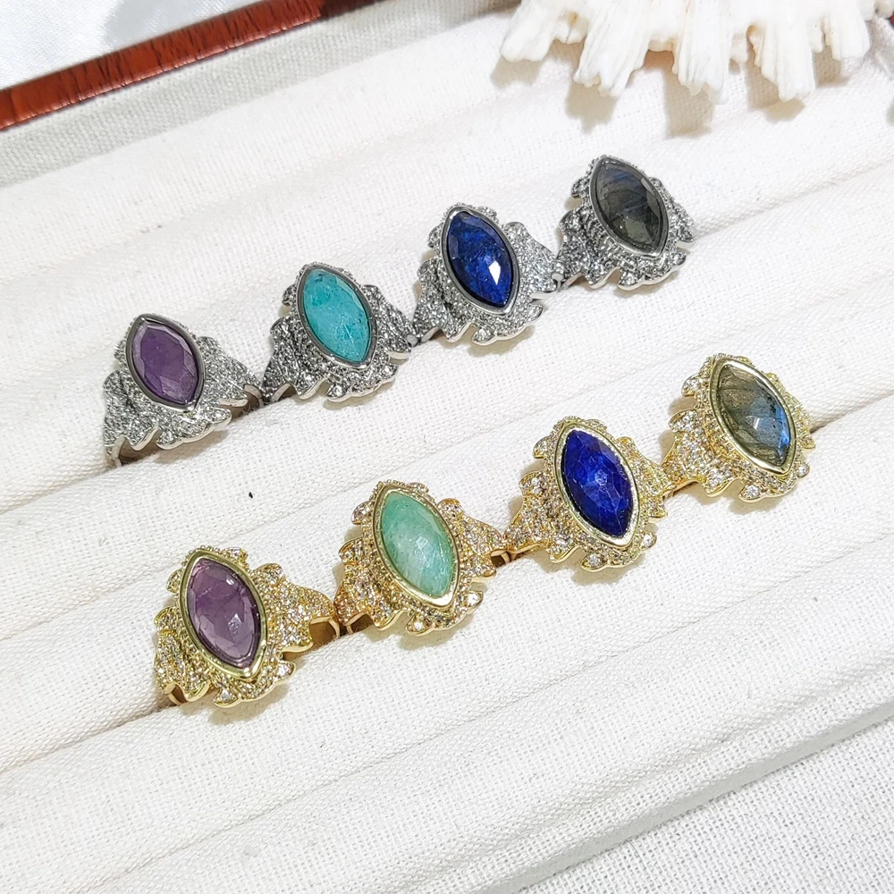 Natuarl Crystal Amethyst Labradorite Adjsutable Open Ring Gold Plated Cubic Zircon Facted Finger Ring Wedding Party Gift