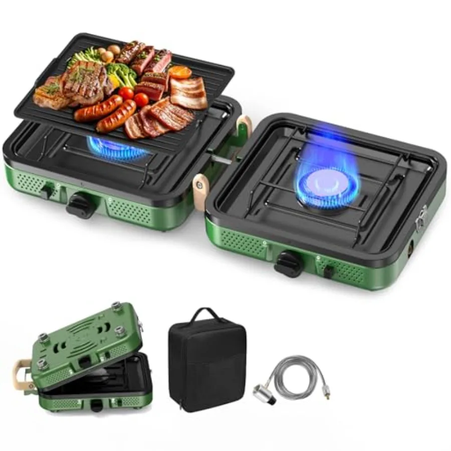 

Кемпинговая плита с 2 конфорками, 20000 БТЕ, пропановая походная плита, портативная складная газовая плита, полное снаряжение для кемпинга, в комплект входит гриль для переноски