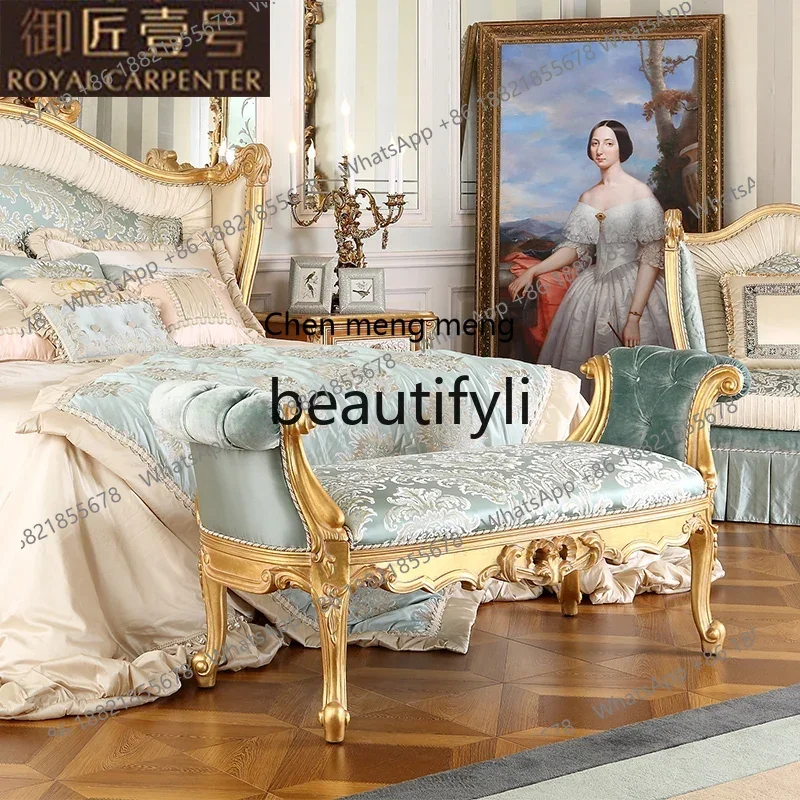 

European bedroom furniture, solid wood carving flower fabric pull button sofa stool, bedside stool2936