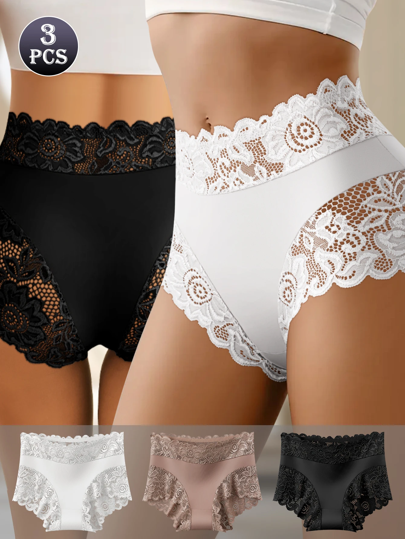 

3Pcs/Set Sexy Floral Hollow Women's Briefs Lace Cotton Patchwork Hollow Panties Women's Briefs Solid Color Women's Underwear