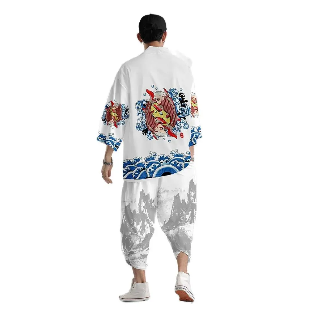 

Cartoon Wave Carp Printed White Kimono Cropped Pants Set Women Men Japanese Haori Asian Streetwear Cardigan Yukata Cosplay