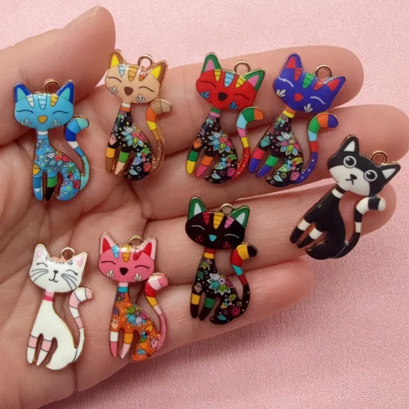 12pcs Cute Flower Cat Printed Pendant DIY Alloy Jewelry Accessories Necklace Earrings Keychain Pendant Accessories Material