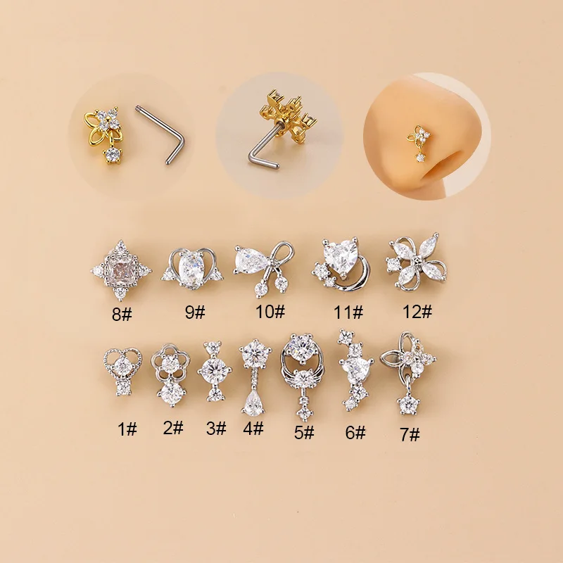 20G L-Shaped Cubic Zircon Nose Stud, Surgical 316L Stainless Steel Nose Lip Ear Piercing Jewelry for Women Girls Trendy