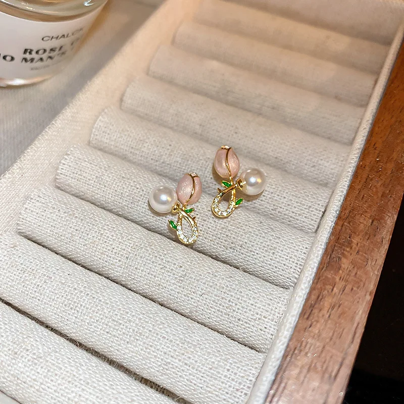 Fashion Sweet Pearl Rhinestone Pink Tulip Flower Stud Earrings For Women Design Creative Exquisite Girls' Earrings Birthday Gift