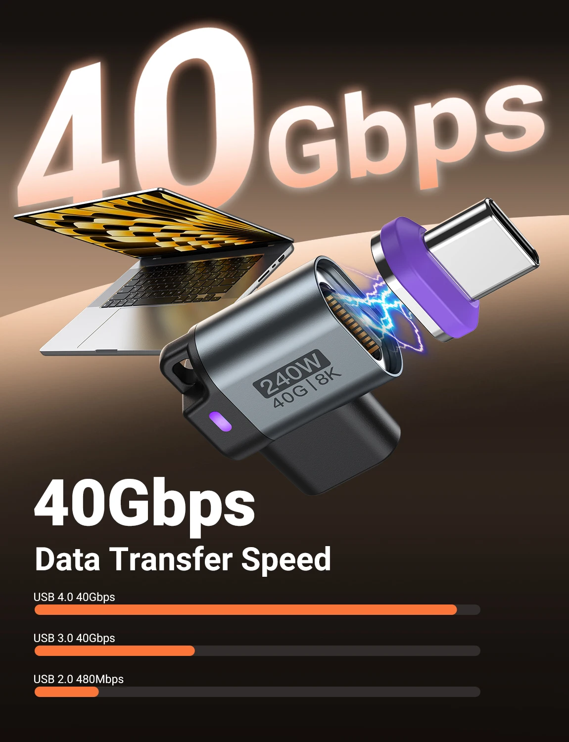 Adapter magnetyczny AUFU USB4 Thunderbolt3 USB C 240W 40G Szybkie ładowanie Konwerter magnetyczny USB C żeński 8K@60Hz Adapter USB typu C OTG — zdjęcie produktu 2