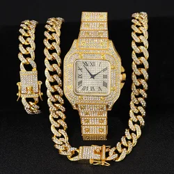 3pcs/set, Rhinestone Studded Men's Watch & Hip-hop Miami Cuban Chain Bracelet Necklace Set (with Watch Strap Adjuster)