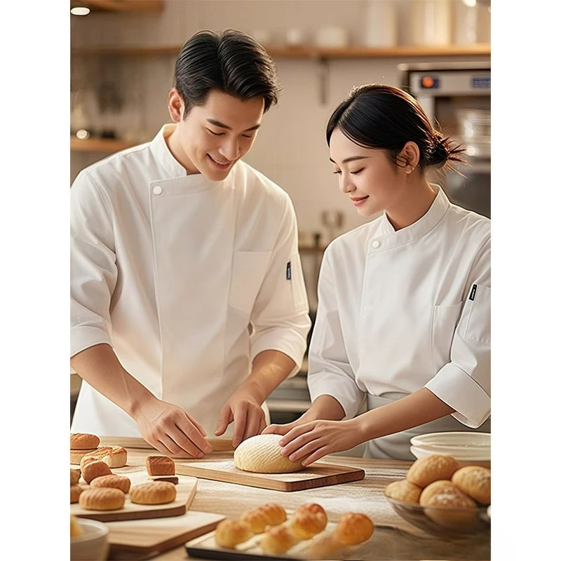 سترة الشيف قصيرة/طويلة الأكمام لون نقي القطن الخبز تقديم الطعام المعجنات كوك معطف فندق المطبخ النادل موحدة