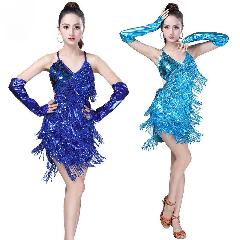 1pcs/lot woman sequin tassel latin dancing dress sexy latin dress latin salsa dresses fringe dress