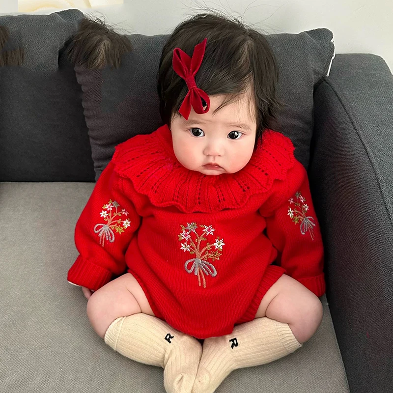 

Осенняя одежда для маленьких девочек 2024, боди из тонкой вязки, цельный комбинезон с вышивкой, детский свитер, комбинезон, вязаная одежда для новорожденных