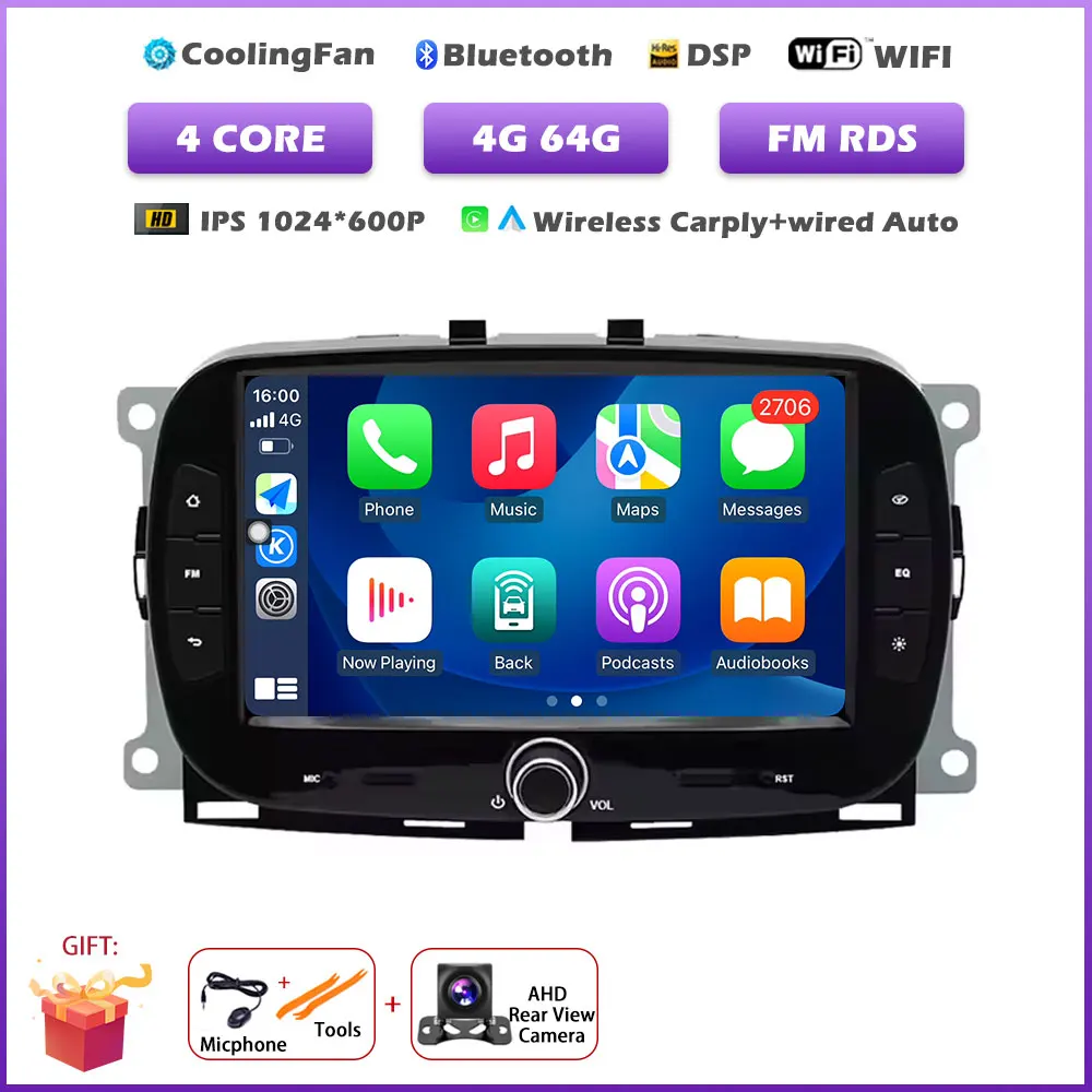 Carplay Android 16 Auto autoradio voor Fiat 500 2016-2019 multimediaspeler met BT stereo, GPS navigatie en FM