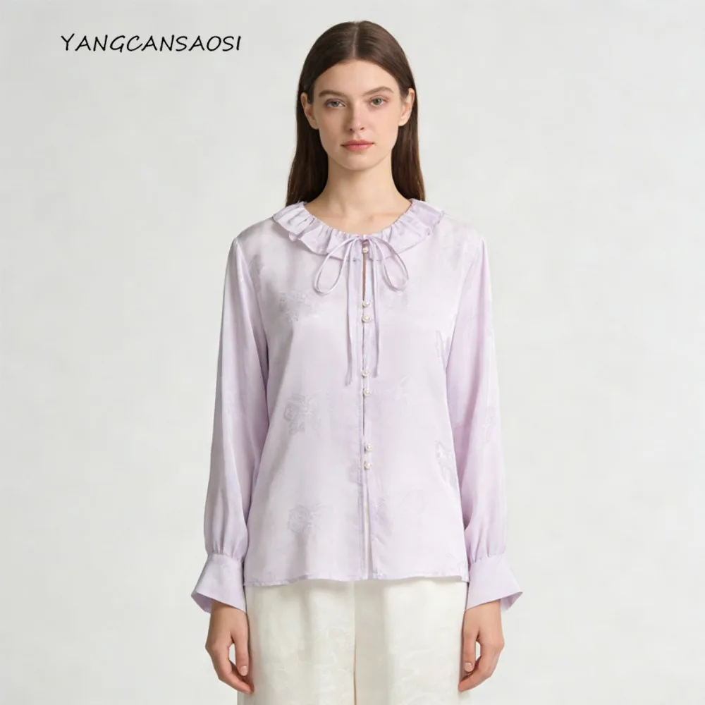 

100% Natural Mulberry Silk Jacquard Satin Top, Women's French Sweet Style Doll Neck Lace Long Sleeve Ruffle Loose Top, 2026 New