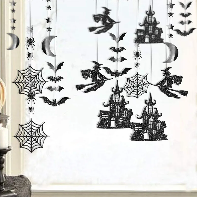 14Pcs Black Halloween Party Decorations Gothic Garlands Witch Bat Spider Haunted House Star Moon Birthday Paper Streamer Decor