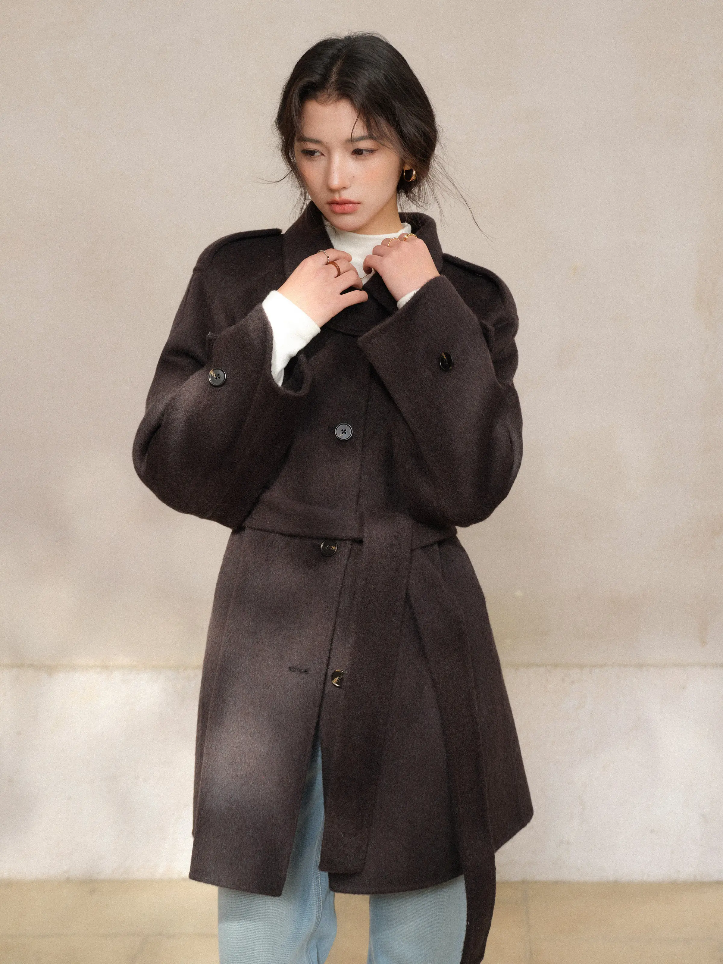 Women Vintage Double Face Wool Long Coat for Lady Elegant Oversized Overcoat Chic Winter Casual Loose Fit Outerwear Style Wear