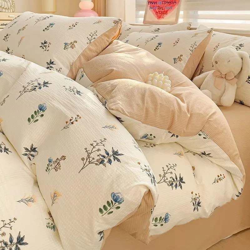 Imagem -03 - Conjunto de Cama de Flores Roxas Estilo Pastoral Folha Plana Gêmeo Completo Rainha Linho Meninas Floral Duvet Cover sem Enchimento Cama Nórdica