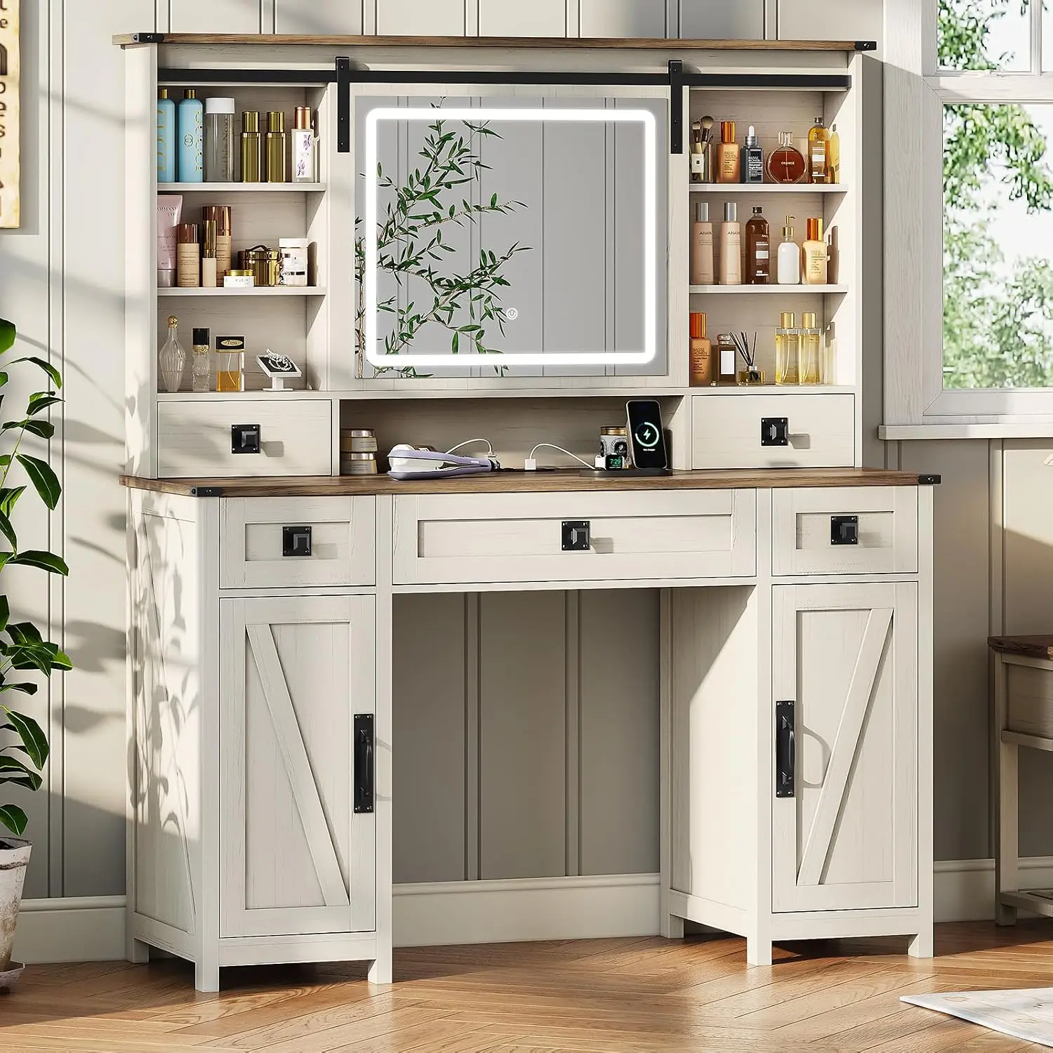 Farmhouse Makeup Vanity Desk with Sliding Mirror and Lights, 47.2