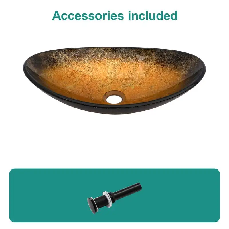 حوض أوعية من الزجاج المقسى للحرفي مع حوض ذهبي وتصريف منبثق أسود، على شكل قارب فوق حوض الحمام (بالوعة) #4