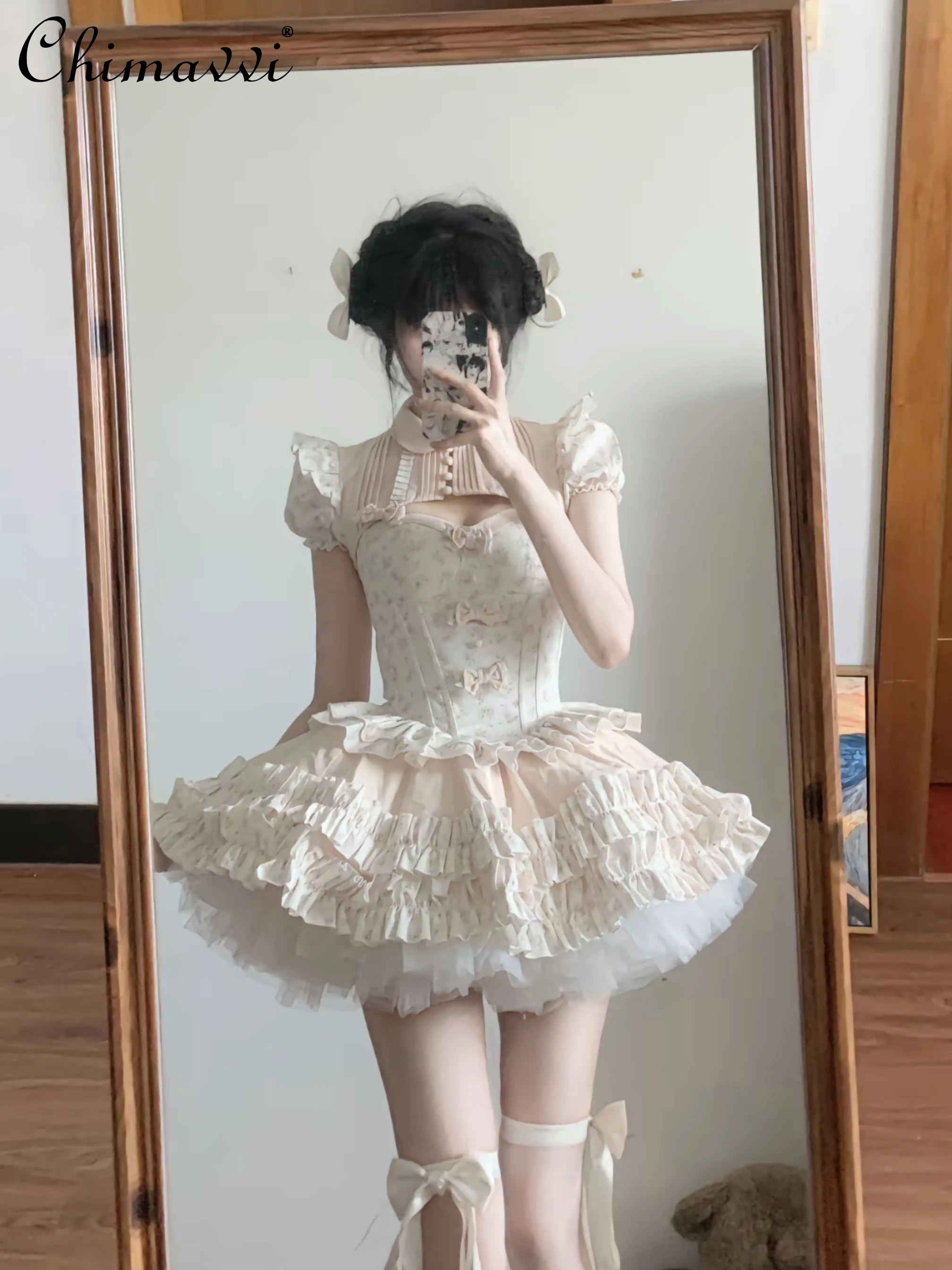 Set rok putri elegan Perancis rok gaun atasan ramping tanpa tali pita manis mantel lengan pendek mantel anak perempuan Lolita set tiga potong