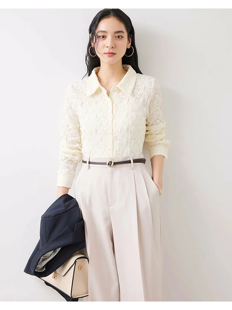 

Elegant Textured Hollow out Long Sleeve Yellow Lace Shirt for Women Spring Summer Commute Casual Style Comfortable Breathable