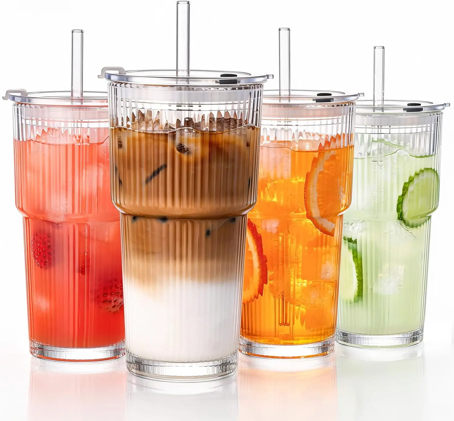 

20oz Glass Tumblers with Straws and Lids, Ribbed Iced Coffee Cups Leak-proof, Dishwasher Safe, Thickened Glass Cups with Lids Ideal for Coffee and Travel, Clear, 4 Pack