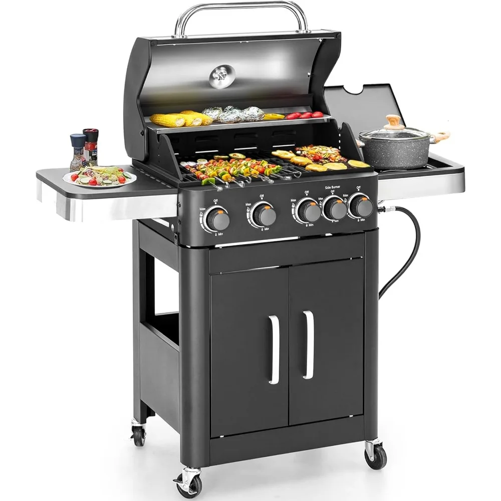 

2 in 1 Propane Gas BBQ Grill with Side Burner & Porcelain-Enameled Cast Iron Grate, 4-Burner Flat Top Grill, 46,700 BTU Barbecue