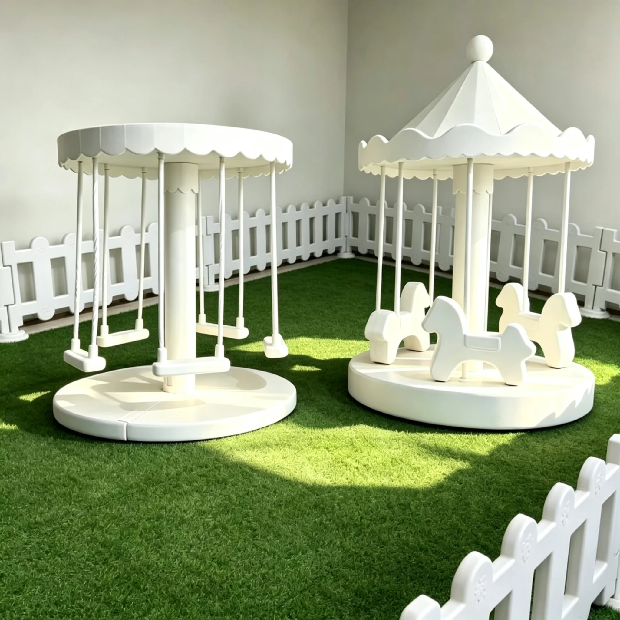 Commercial-grade carousel for rent for children's play areas; features play components made of thickened PU foam.