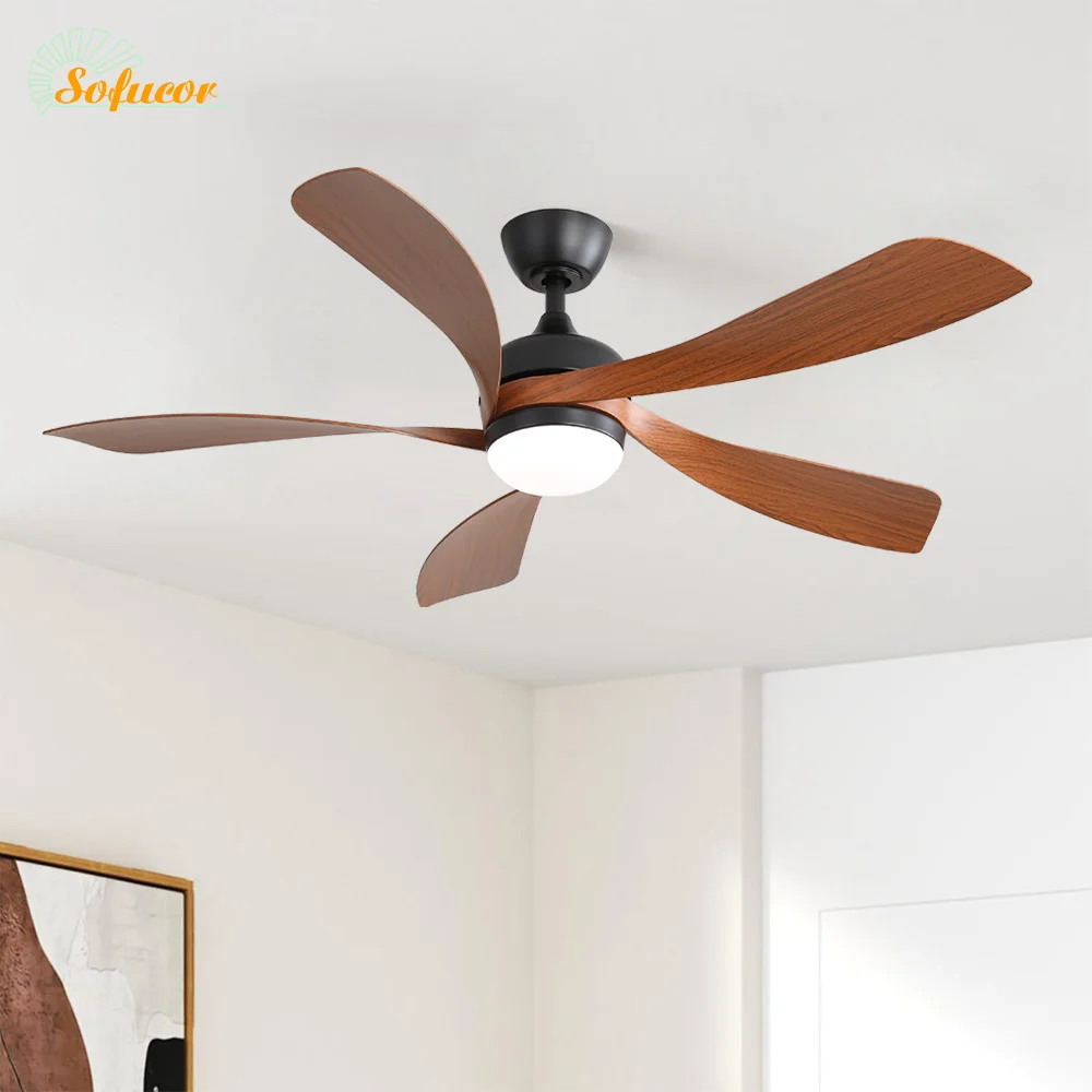 Sofucor Ventilateur de plafond à 5 pales de 52 pouces avec LED DC 6 vitesses à haute vitesse du vent avec télécommande pour les pièces
