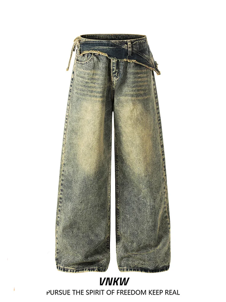 

Retro American Washed Distressed Wide Leg Jeans High Waist Loose Fit Straight Leg Long Pants for Men Casual Straight Cut Jeans