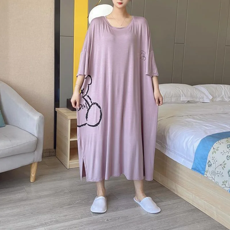 【بيجامة بمقاس كبير】150 كجم يمكن ارتداؤها فساتين نوم طويلة كبيرة الحجم للنساء مقاس كبير وأكمام قصيرة ورقيقة ملابس منزلية فضفاضة