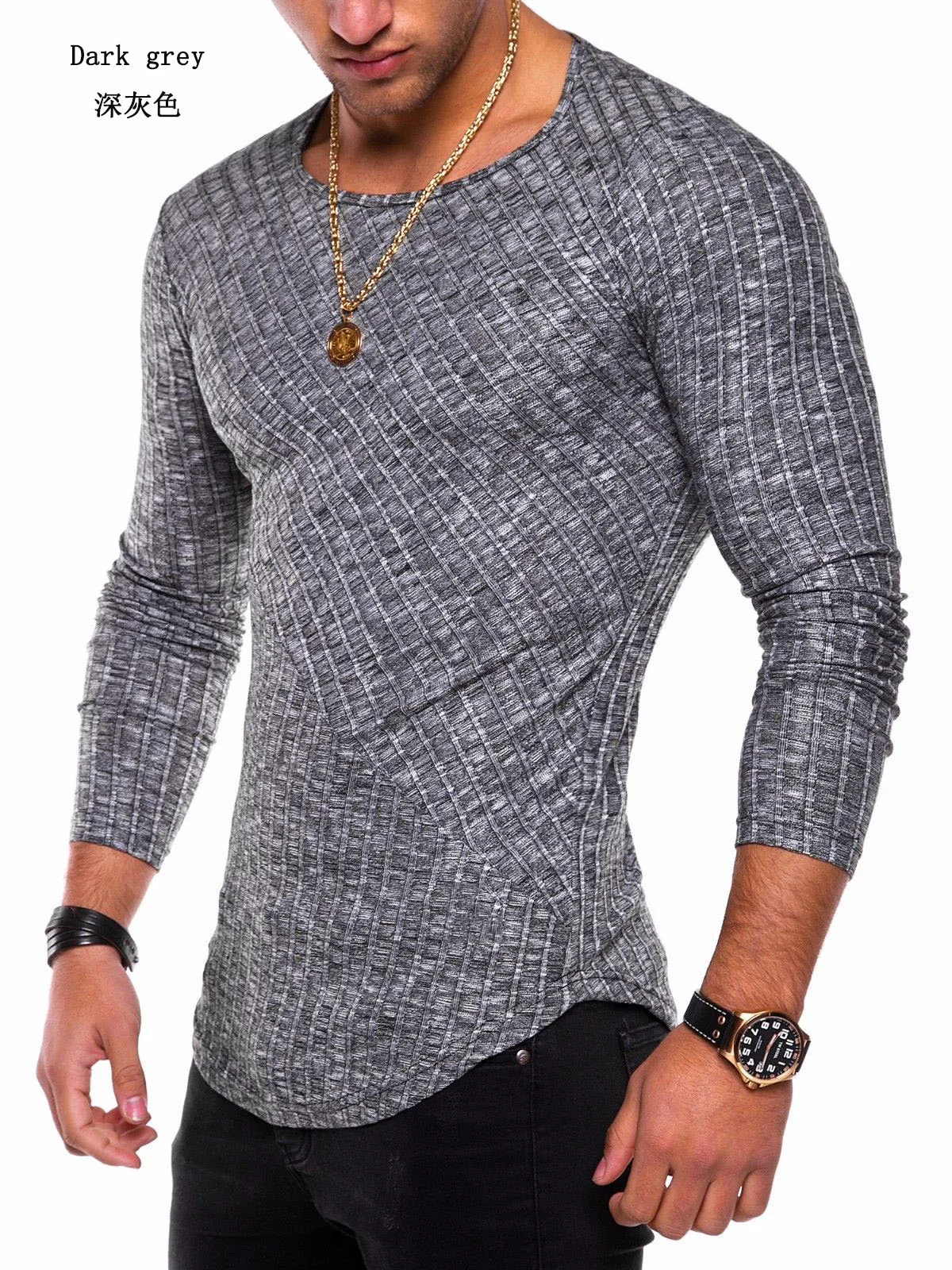 Men\'s Knitted Thin Base Sweater with Curved Hem Design Round Neck Tight Fit  Elastic Long Sleeved T-shirt Thin Sweater