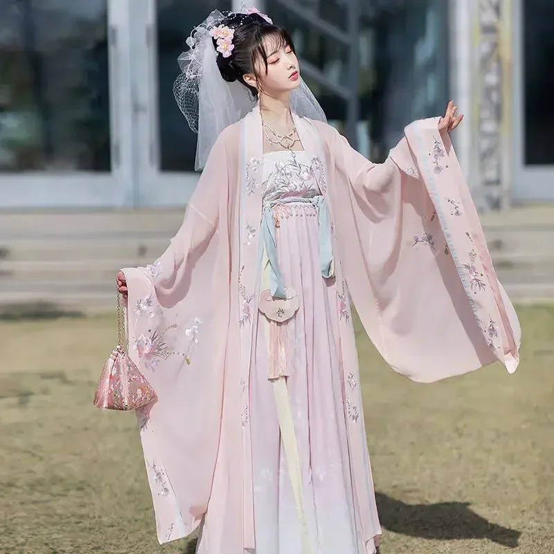 

2 PC Set Women's Chinese Traditional Pink Tang Dynasty Embroidered Big Shirt Tassel Skirt Original Improved Hanfu Fairy Dress