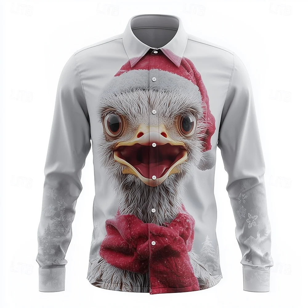 2026 Christmas Theme Men's Snowflake Christmas Animal Printed Men's Tops Shirts Red Shirt Casual Long Sleeve Shirt Street Blouse
