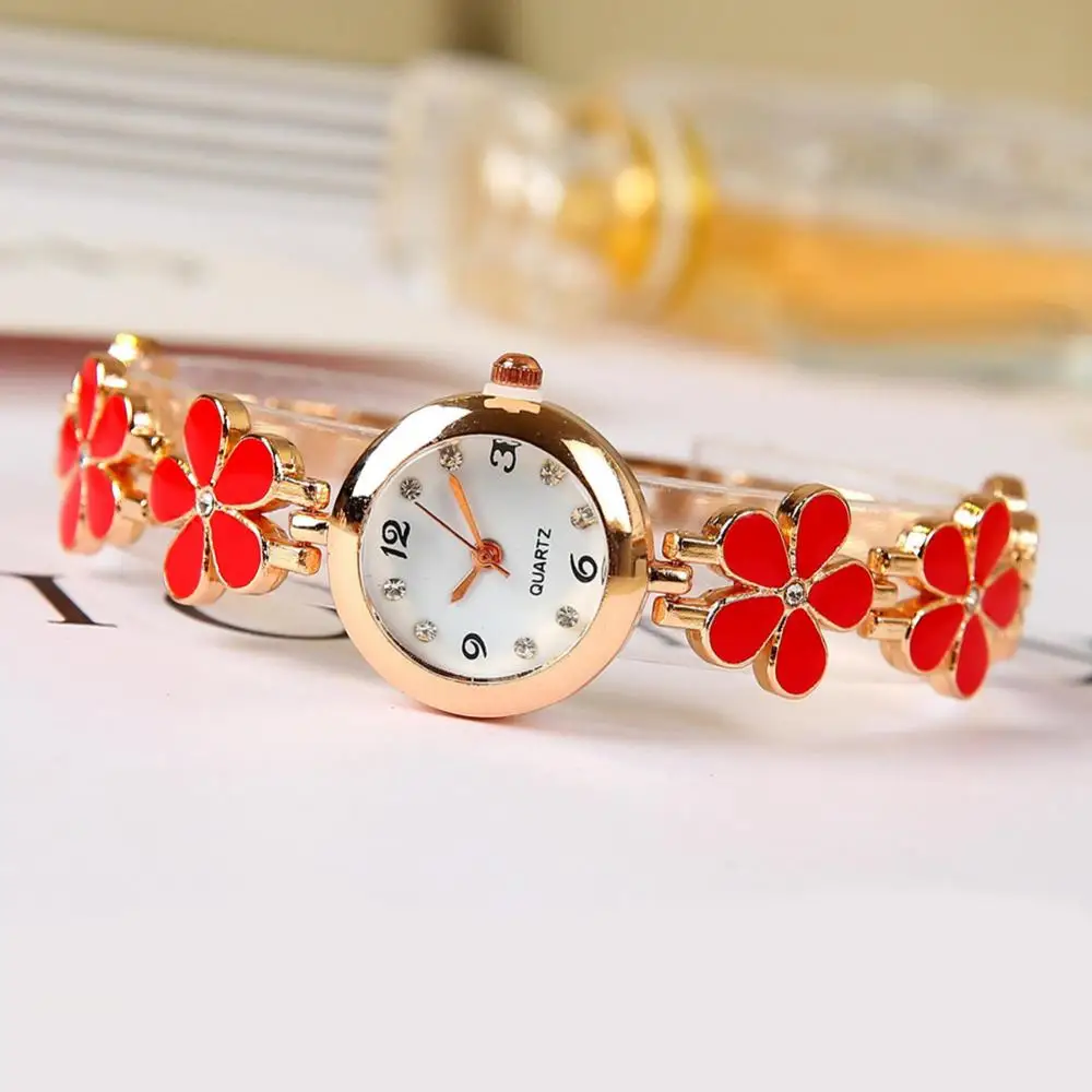 Reloj de cuarzo analógico de esfera redonda para mujer, pulsera de cadena de flores, relojes de pulsera de diamantes de imitación, relojes femeninos