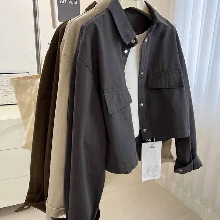 

Korean BF Style Neutral Flip Collar Workwear Jacket Women Loose Short Versatile Jacket Top 2025 Autumn Winter New Trend