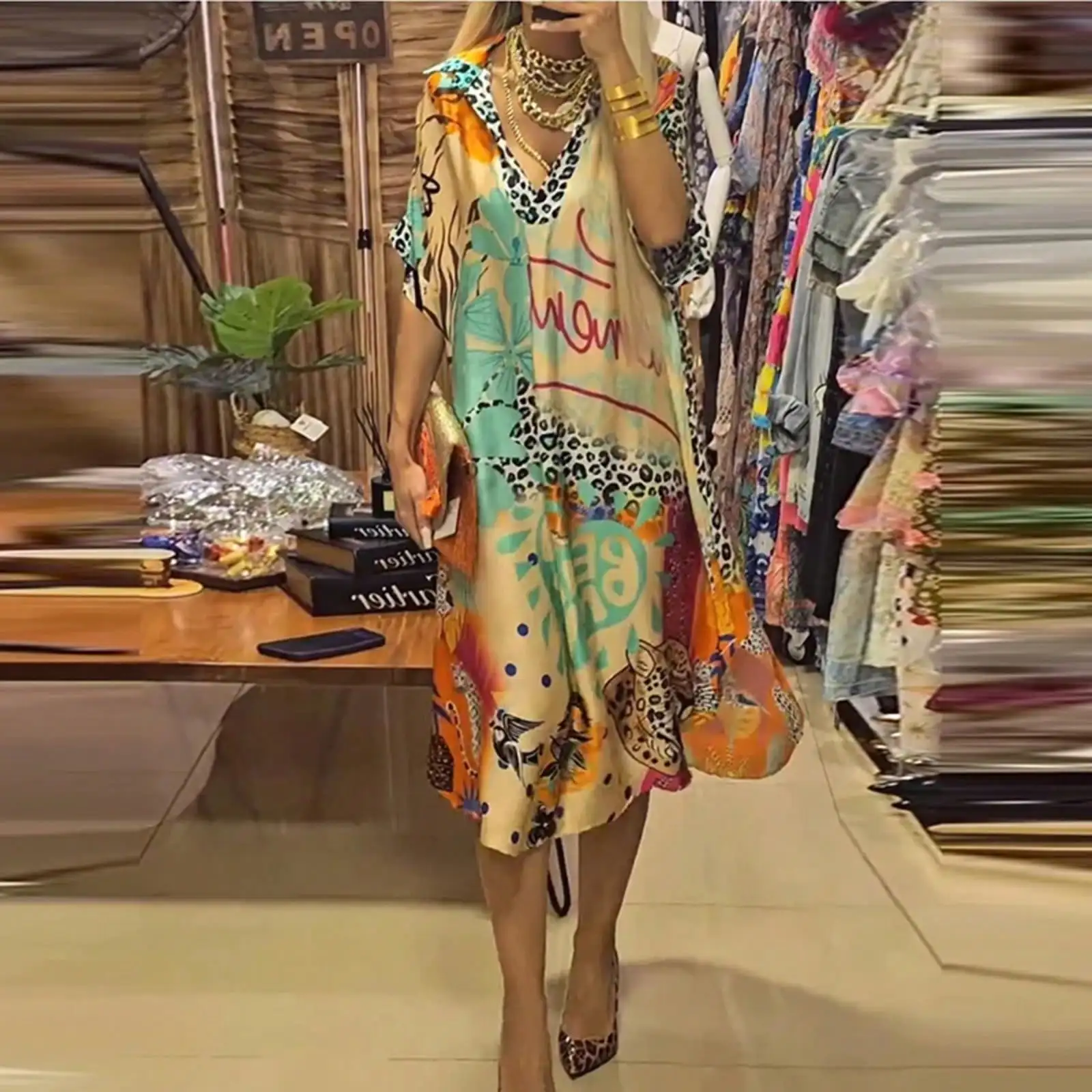 

Loose V-Neck A-Line Dress with Leopard & Floral Print, Half Sleeve, Summer Casual