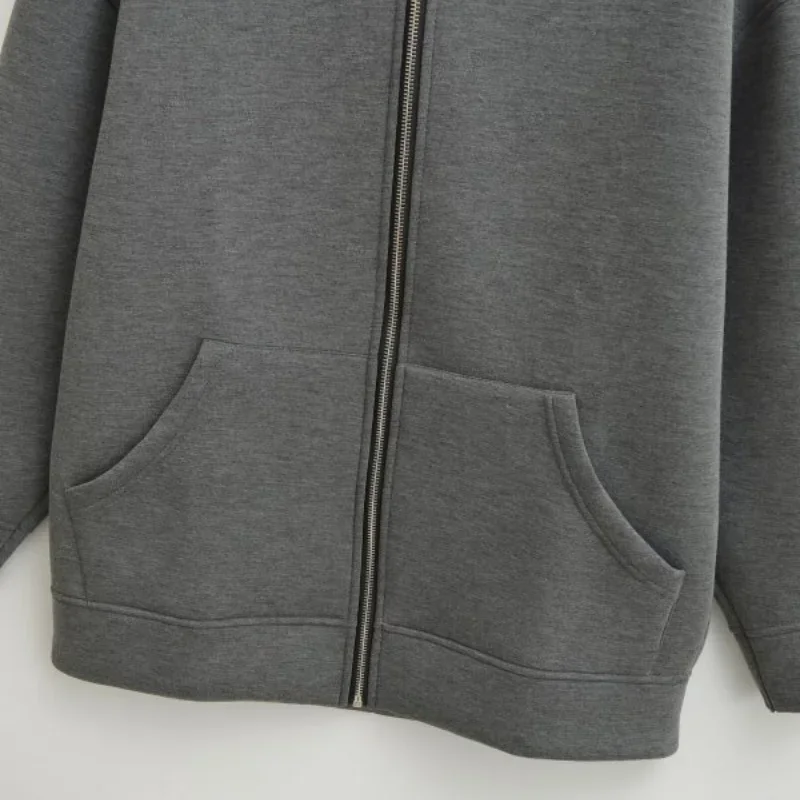 سترة بقلنسوة كاجوال للطيار باللون الرمادي الداكن معطف نسائي دافئ بسحاب عصري وأكمام طويلة فضفاض ملابس الشارع الشهير